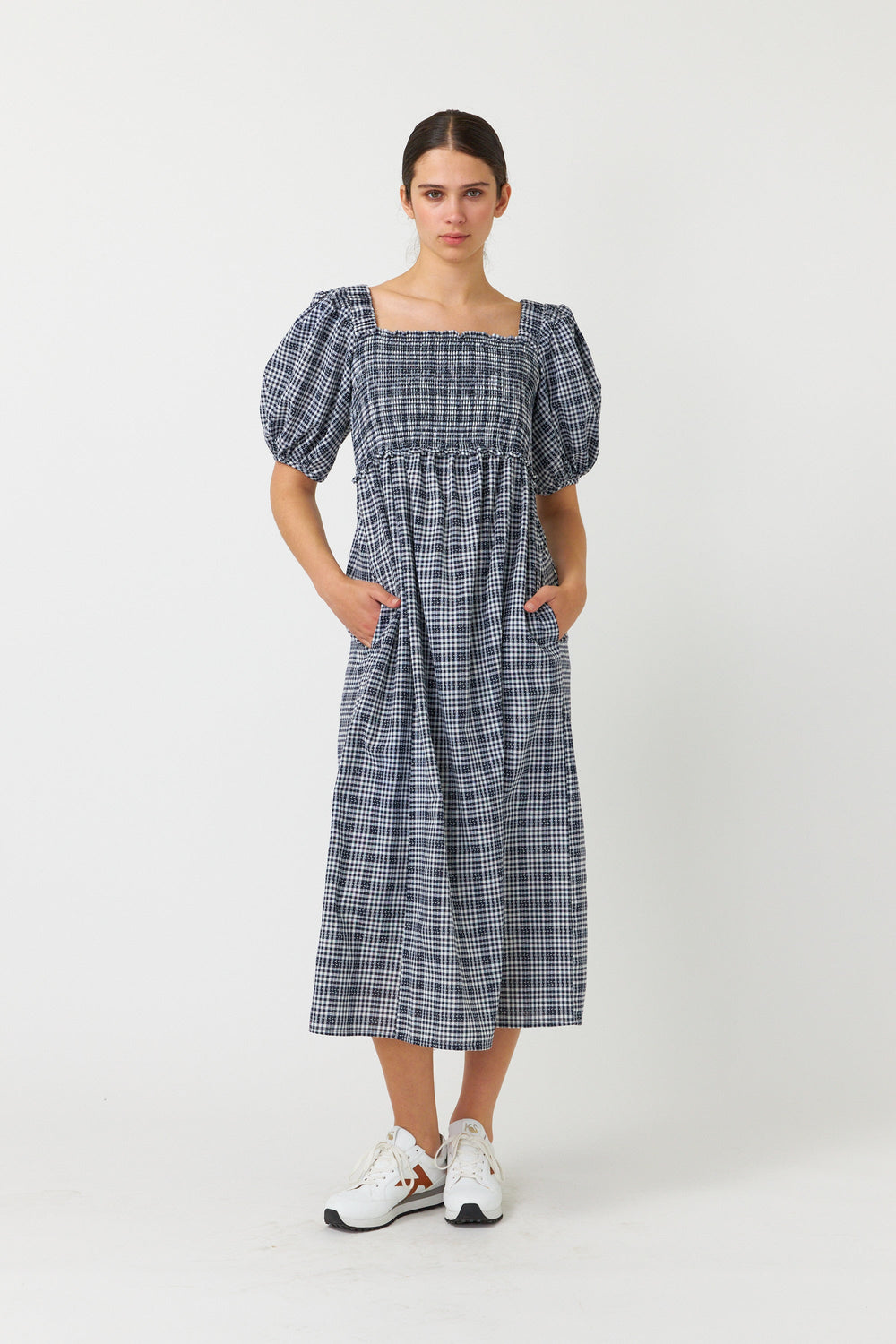 Gingham shirred dress