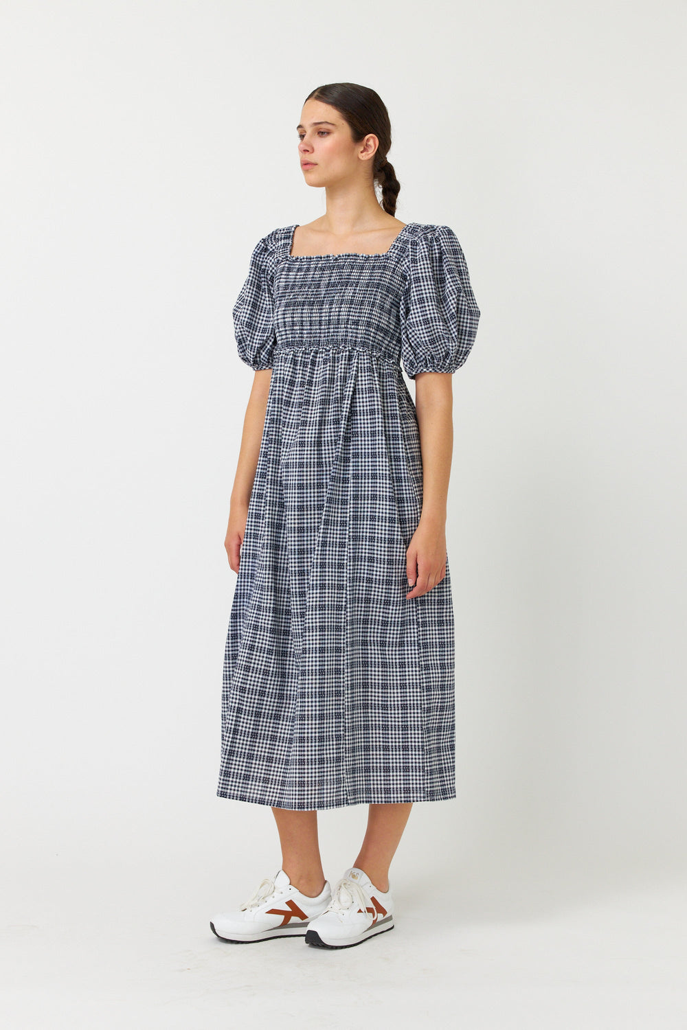 Gingham shirred dress